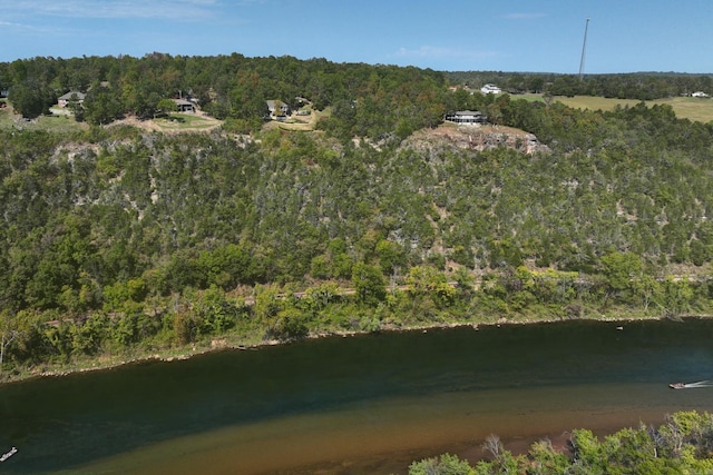 bird's eye view featuring a water view and a wooded view