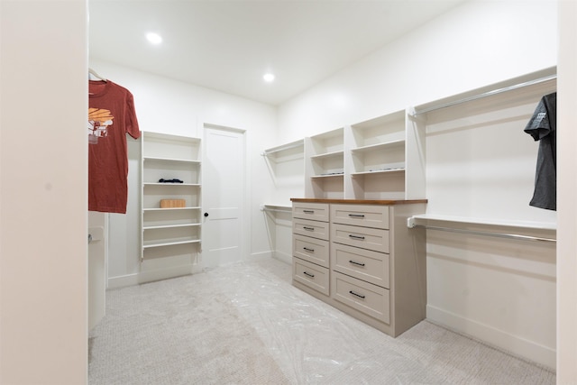 walk in closet with light colored carpet