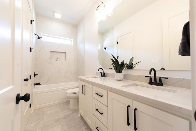 full bathroom featuring tub / shower combination, a sink, toilet, and double vanity