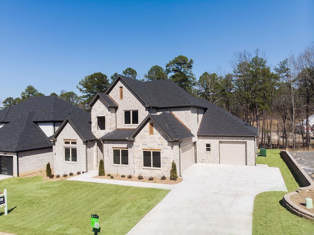 french country inspired facade with a garage, driveway, a front lawn, and roof with shingles