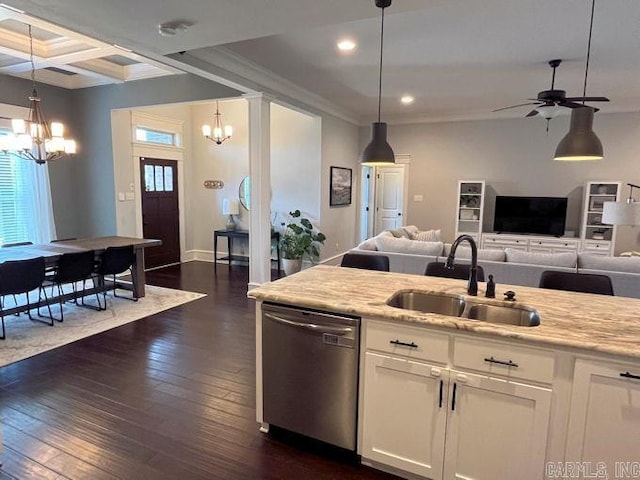 kitchen featuring dark wood-type flooring, coffered ceiling, a sink, open floor plan, and dishwasher