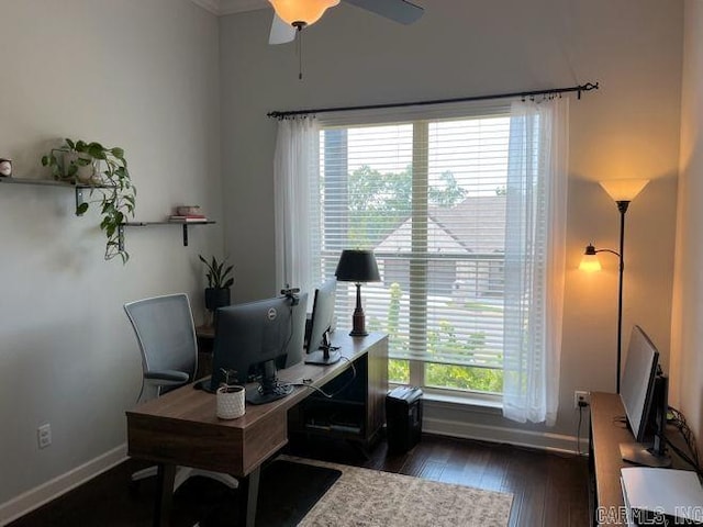 office space with dark wood-style floors, ceiling fan, and baseboards