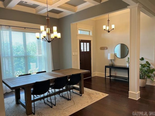 dining space featuring dark wood-style floors, a notable chandelier, decorative columns, coffered ceiling, and baseboards