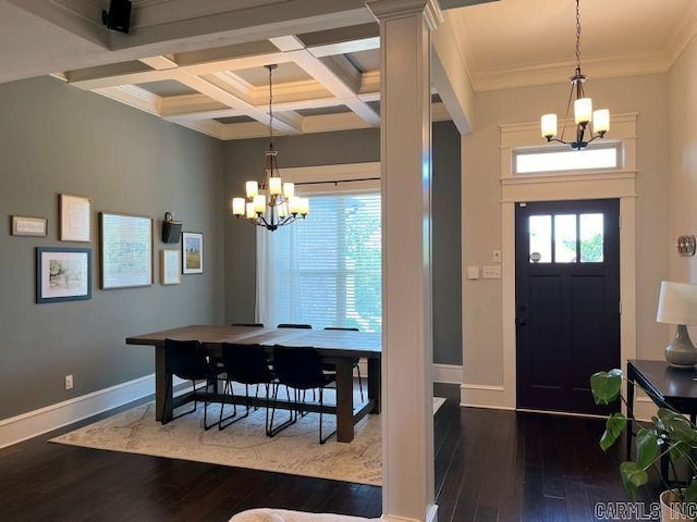 foyer entrance with an inviting chandelier, baseboards, coffered ceiling, and hardwood / wood-style flooring