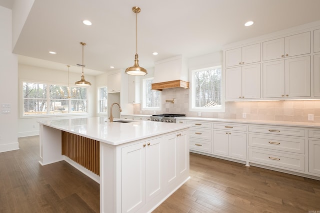 kitchen with light countertops, decorative backsplash, dark wood-type flooring, a sink, and premium range hood