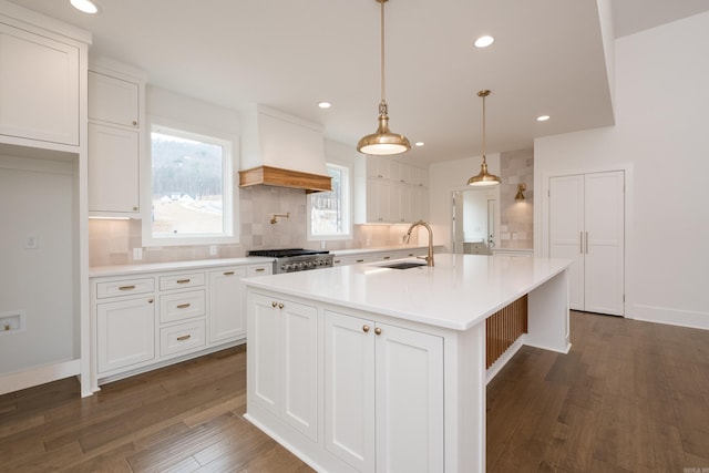 kitchen featuring dark wood-style floors, stove, a sink, and white cabinetry