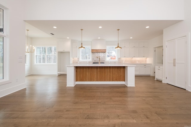 kitchen featuring light countertops, backsplash, dark wood finished floors, and white cabinetry