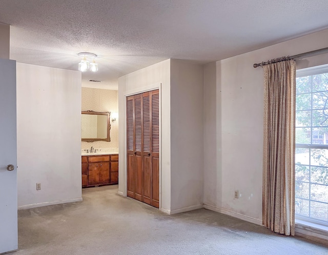 spare room with light colored carpet, a sink, a textured ceiling, and baseboards