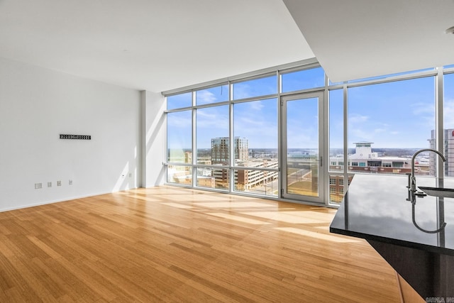 spare room with expansive windows, a city view, and wood finished floors