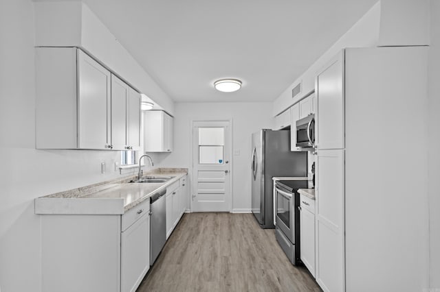 kitchen featuring stainless steel appliances, a sink, visible vents, and white cabinetry