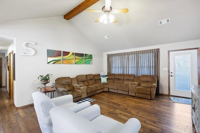 living area featuring a ceiling fan, visible vents, beamed ceiling, and wood finished floors