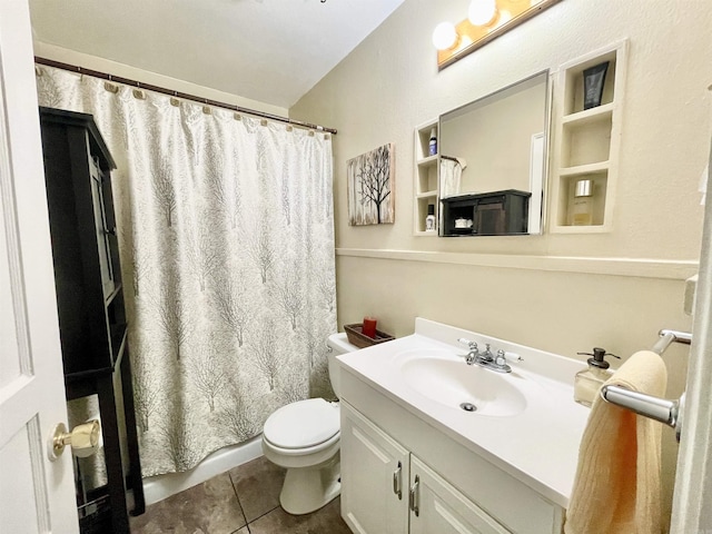 full bathroom featuring toilet, a shower with curtain, tile patterned flooring, and vanity