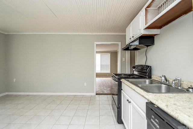 kitchen featuring light tile patterned floors, dishwashing machine, black / electric stove, under cabinet range hood, and a sink