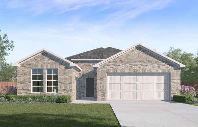 view of front of house with an attached garage, brick siding, a shingled roof, concrete driveway, and a front yard