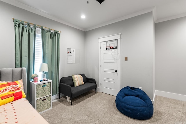 living area featuring light carpet, baseboards, crown molding, and recessed lighting