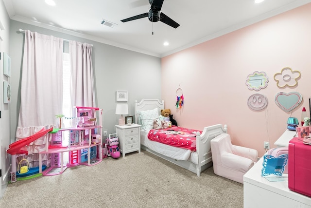 bedroom featuring carpet floors, crown molding, recessed lighting, visible vents, and ceiling fan