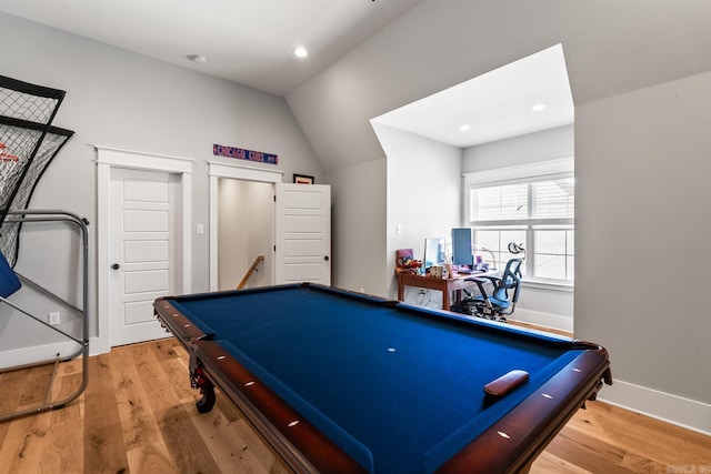 playroom with pool table, light wood-style flooring, baseboards, and recessed lighting