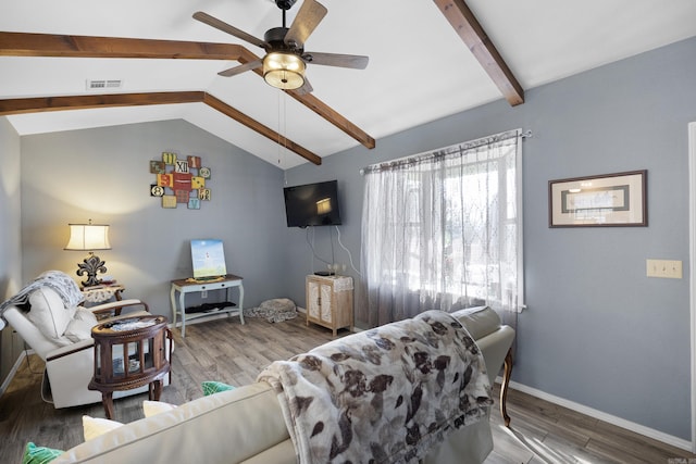 living room featuring lofted ceiling with beams, wood finished floors, visible vents, and baseboards