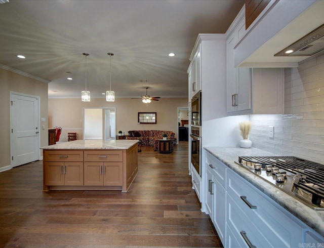 kitchen featuring a center island, dark wood-style flooring, custom exhaust hood, backsplash, and appliances with stainless steel finishes