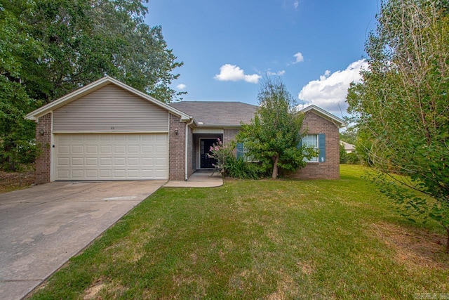 single story home with a front lawn, brick siding, driveway, and an attached garage