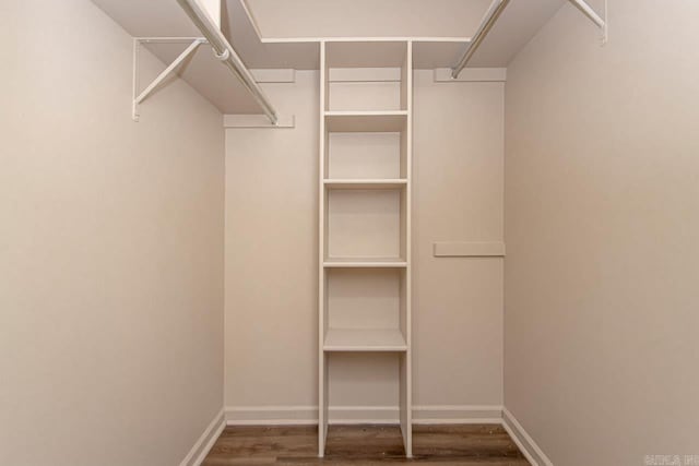 walk in closet with wood finished floors