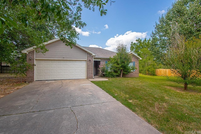 ranch-style home with a garage, brick siding, fence, concrete driveway, and a front lawn