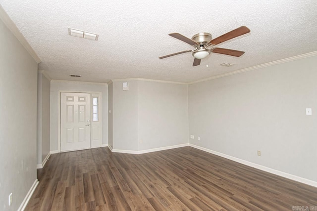 foyer entrance with baseboards, a textured ceiling, visible vents, and dark wood-type flooring