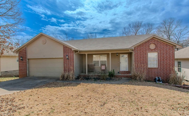 single story home featuring driveway, a garage, roof with shingles, a porch, and brick siding