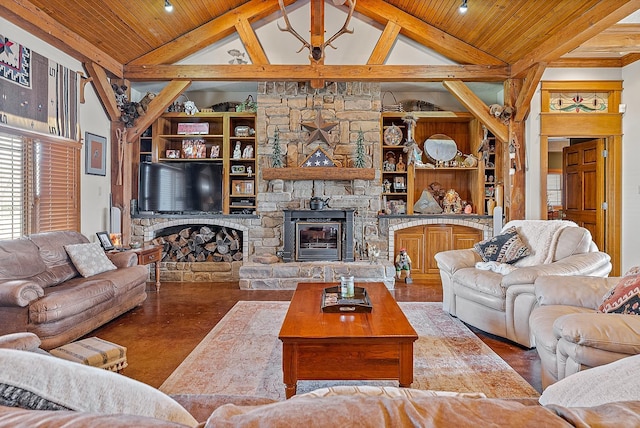 living room with high vaulted ceiling, wooden ceiling, a fireplace, and beamed ceiling