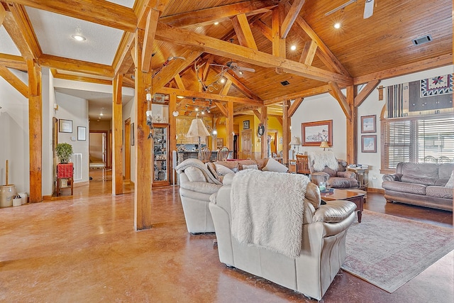 living area with wood ceiling, beam ceiling, high vaulted ceiling, and a ceiling fan