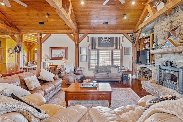 living room with wooden ceiling, ceiling fan, a fireplace, and high vaulted ceiling