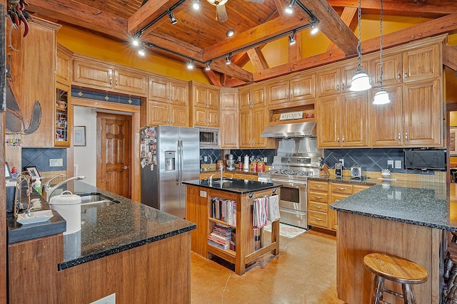 kitchen with stainless steel appliances, wall chimney exhaust hood, a peninsula, and a sink