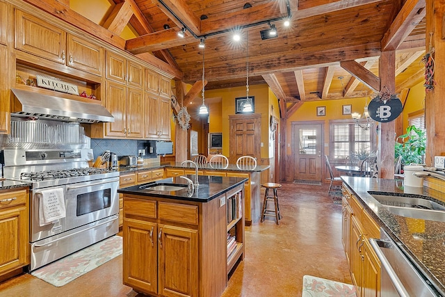 kitchen featuring appliances with stainless steel finishes, wooden ceiling, a sink, and open shelves