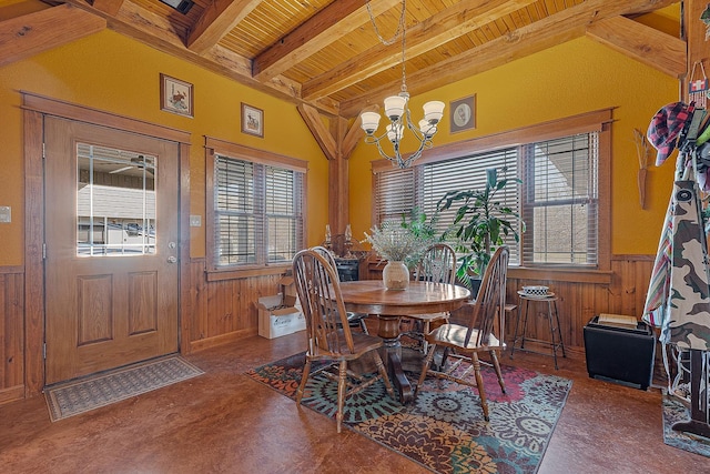 dining room featuring a notable chandelier, wood ceiling, wainscoting, wooden walls, and beamed ceiling