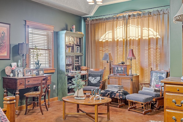 living area with lofted ceiling, baseboards, and a textured ceiling