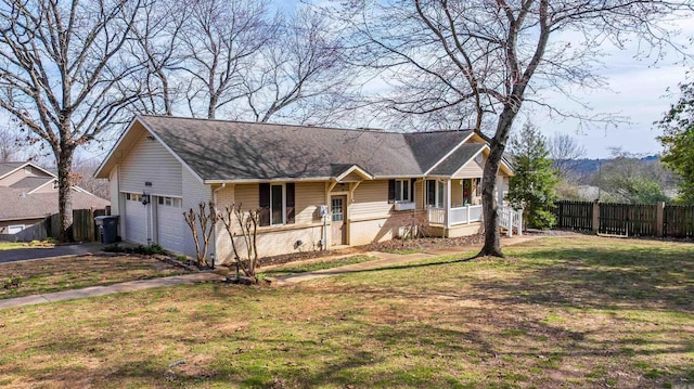 ranch-style house with an attached garage, covered porch, brick siding, fence, and a front yard