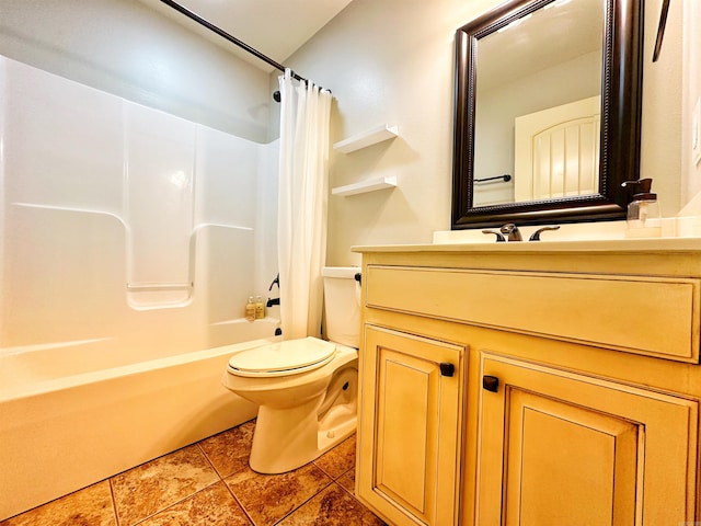 bathroom with toilet, tile patterned floors, shower / bathtub combination with curtain, and vanity