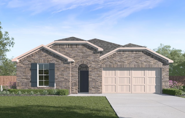 view of front of property with a garage, a front yard, brick siding, and driveway