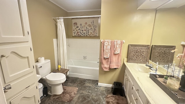 121 W Lee St, Mineral Sprs, AR 71851 - bathroom with toilet, ornamental molding, shower / bath combo, vanity, and baseboards