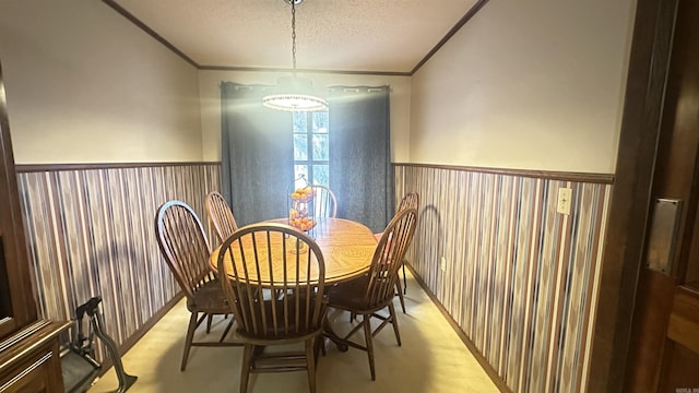 121 W Lee St, Mineral Sprs, AR 71851 - dining room featuring wooden walls, ornamental molding, a textured ceiling, and wainscoting