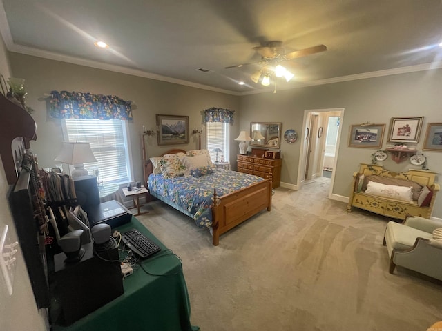 bedroom featuring baseboards, visible vents, a ceiling fan, light colored carpet, and ornamental molding