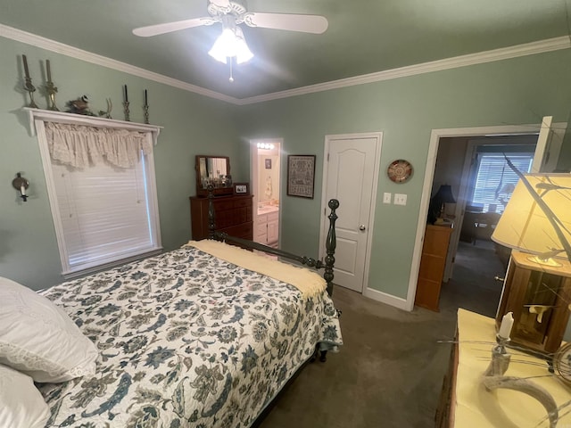 carpeted bedroom with a ceiling fan, crown molding, and ensuite bath