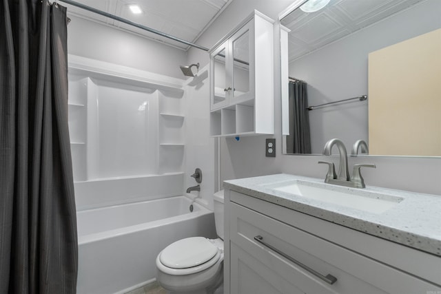 bathroom with shower / tub combo with curtain, vanity, and toilet