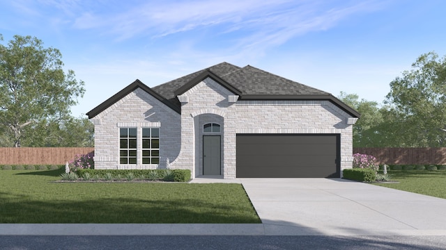 french country inspired facade with a garage, driveway, brick siding, and fence