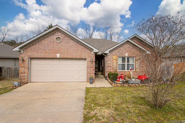 ranch-style house with brick siding, an attached garage, a front yard, fence, and driveway