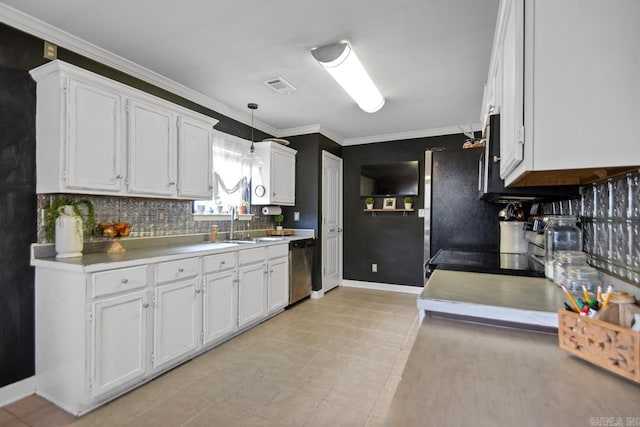 kitchen featuring white cabinetry, crown molding, visible vents, and stainless steel dishwasher