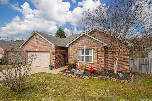 ranch-style house with a garage, brick siding, fence, driveway, and a front lawn