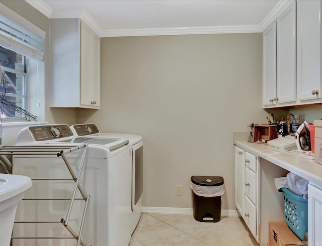 121 Chappel Hill Rd, Hot Springs, AR 71913 - laundry room featuring baseboards, light tile patterned floors, independent washer and dryer, cabinet space, and ornamental molding