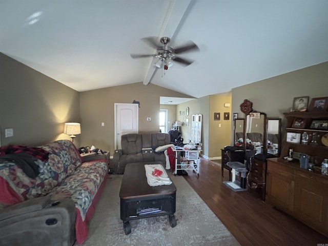 living room featuring vaulted ceiling with beams, baseboards, a ceiling fan, and wood finished floors