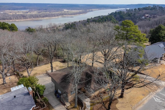 bird's eye view featuring a water view and a wooded view